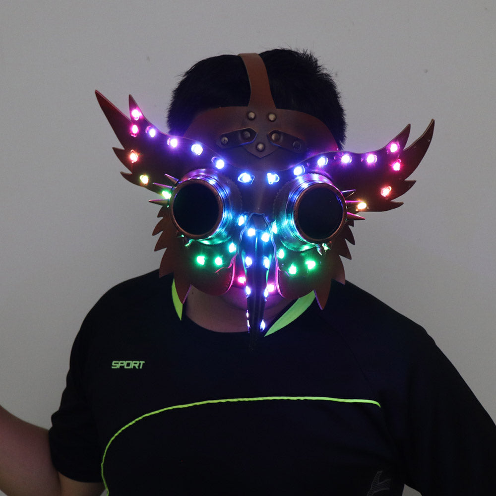 Full Color LED Luminous PU Leather Steampunk Mask Women Men Punk Wings Rivets Halloween Cosplay Gothic Mask Props