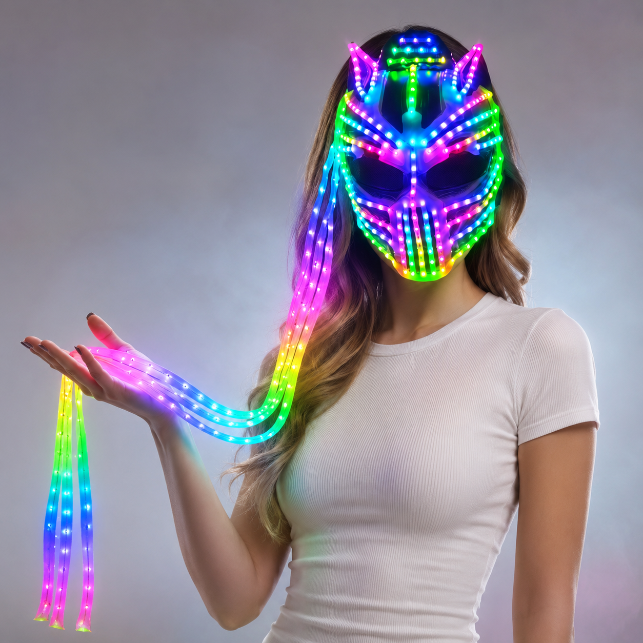 Female LED Helmet Monster Luminous Hat Light Illusion Cat Woman Black Panther Mask for Performance LED Robot Performance