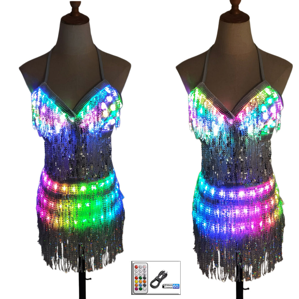 LED Glowing Bra & Shorts Set - Women Luminous Suit with Belt, Tassel & Reflective Accessories