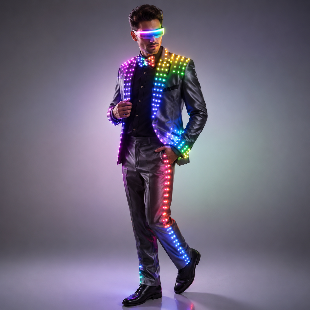 LED Tuxedo Costume with LED Glasses for Stage Dance and Ballroom Party Performance