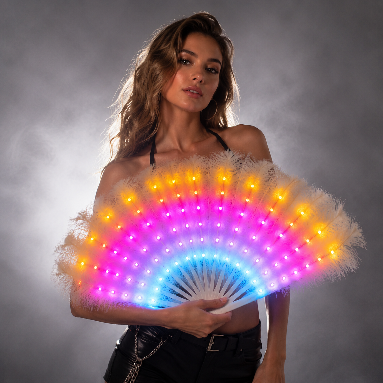 Full Color Ostrich Feathers LED Fan Performance Dancing Lights Fans Night Show Singer DJ Costumes Halloween Party Gifts
