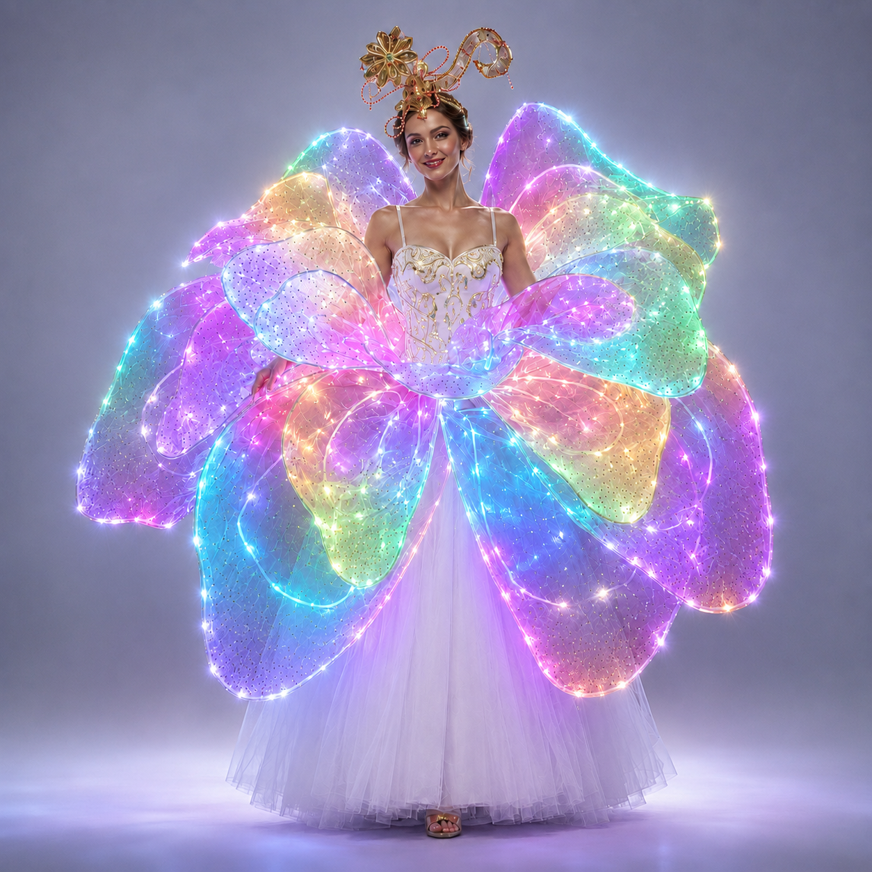 Full Color LED Petal Skirt Flower Opening Dance Big Swing Dress Modern Dance Performance Dress LED Robot Suit Blossom Long Dress