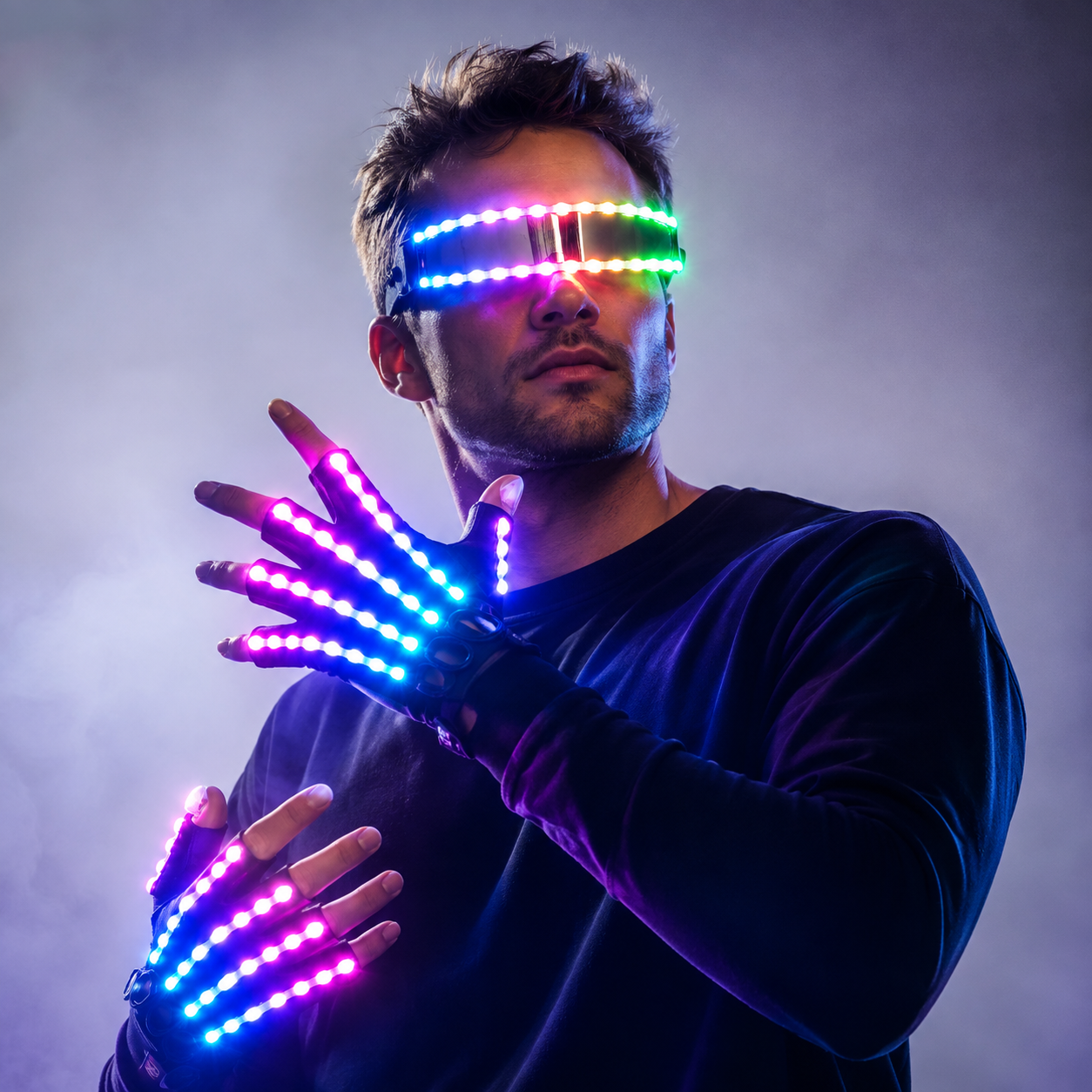 Nuevo diseño de disfraces con emisión de luz LED, gafas luminosas LED, guantes, accesorios de escenario, disfraces luminosos LED