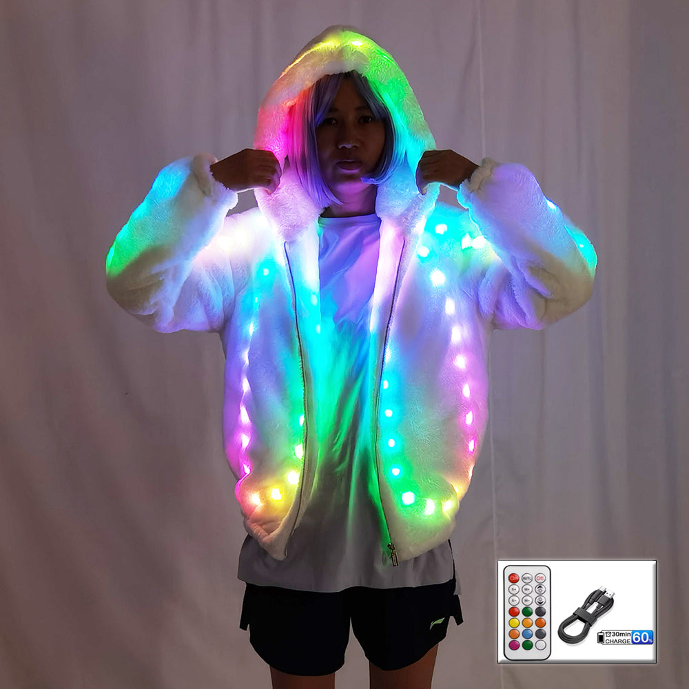 Mujeres Faux Fur Led Light Coat Disfraces de Navidad Cosplay Fluffy Fur 6xl Jacket Outwear Winter Warm Festival Party Overcoat