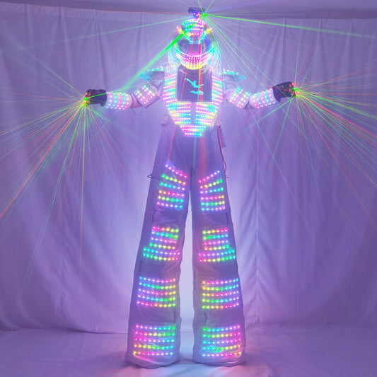 Traje de Robot LED de píxeles, ropa de disfraz, pantalla de pecho inteligente a todo Color, andador, casco con guante láser 
