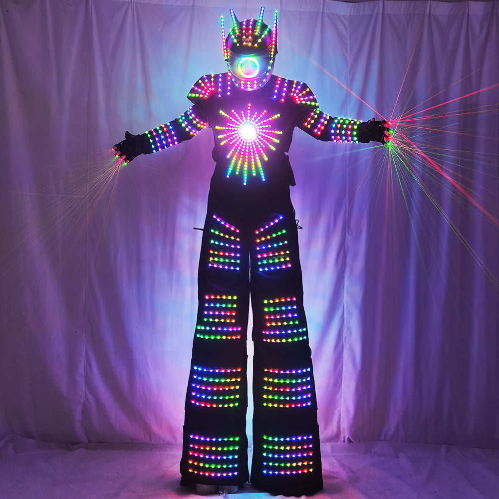 Pixel LED Robot Suit Light-Up Stilts Walker Costume David Guetta Dance Color Luminous Clothing Laser Gloves CO2 Gun Jet Machine