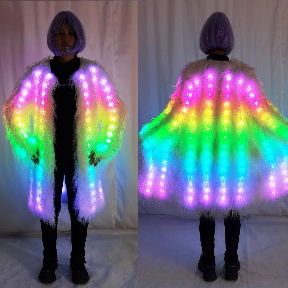 Women LED Luminous Fur Coat Remote Control Light Up Faux Fur Jacket for Party Festival - Temlaser.net