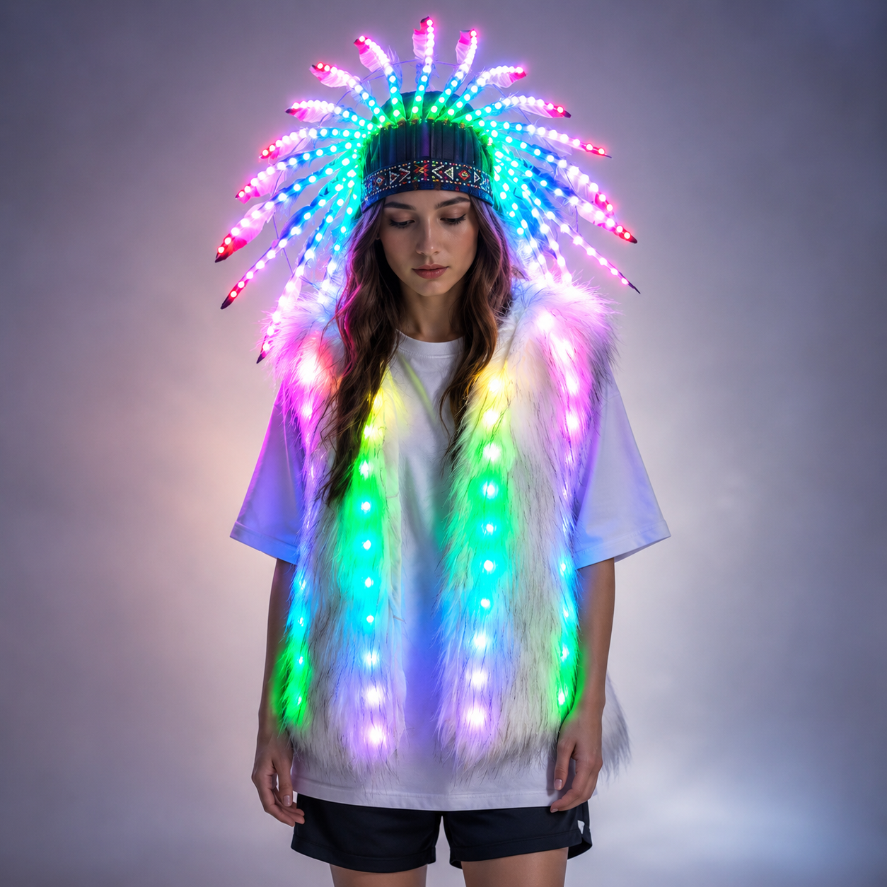 Full Color LED Light Up Faux Fur Vest Jacket with Indian Headdress & Hula Skirt