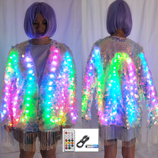 LED Full Color Sequin Tassel Belly Dance Costume Sparkly Performance Outfit - Temlaser.net