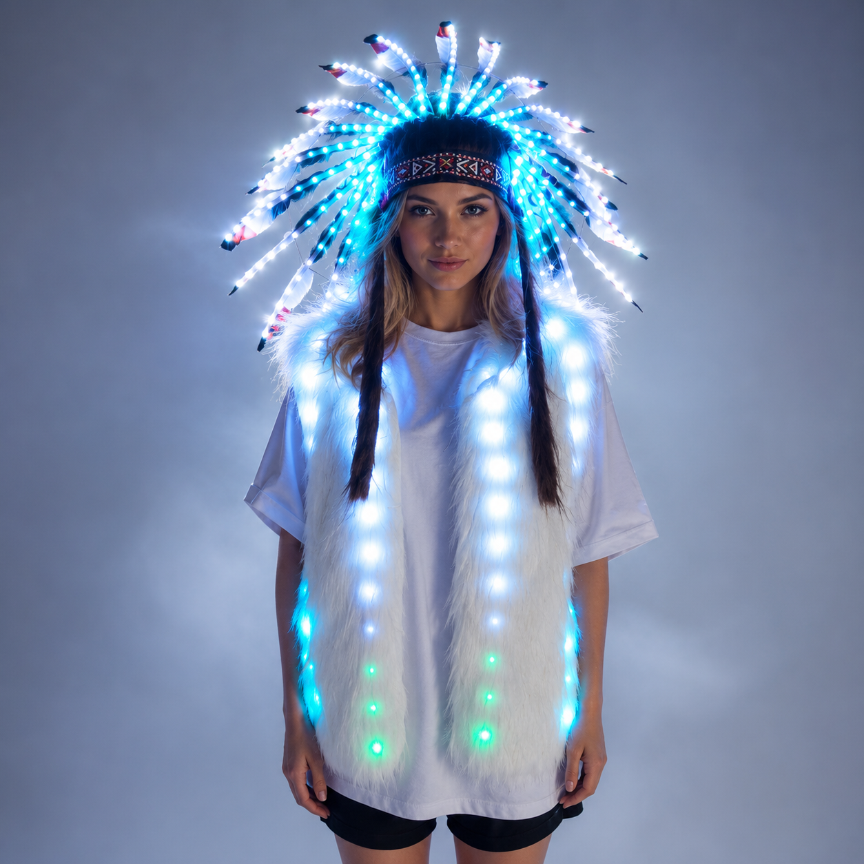 Full Color LED Light Up Faux Fur Vest Jacket with Indian Headdress & Hula Skirt