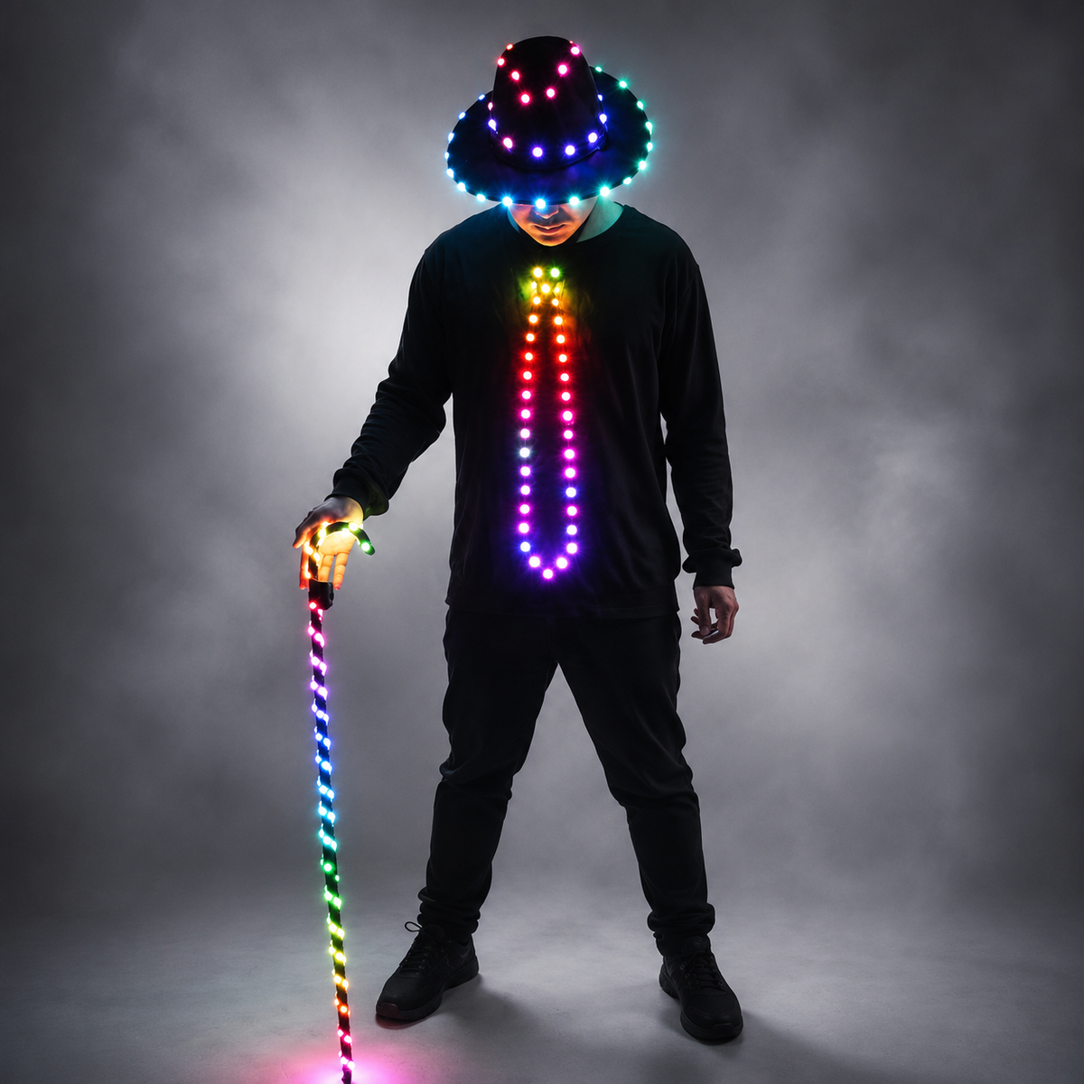 LED Light Up Belly Dance Costume with Flashing White Canes for Men Women Stage Party