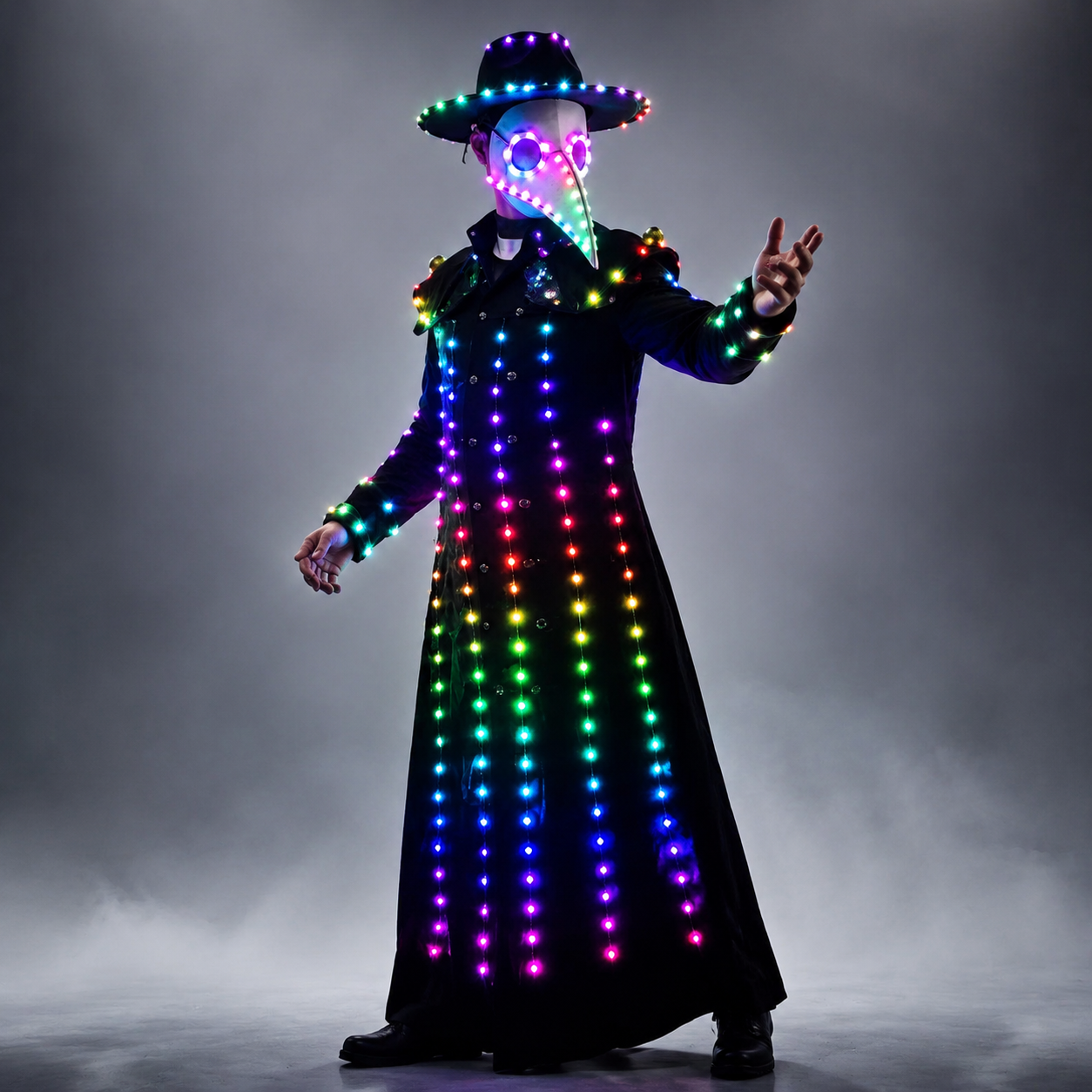 LED Light-up Plague Doctor Costume - Steampunk Crow Style with Glowing Mask