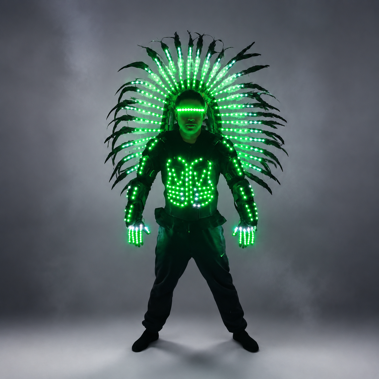 LED Light Up Armor Suit - Full Color Glowing Outfit with LED Indian Tribal Mask