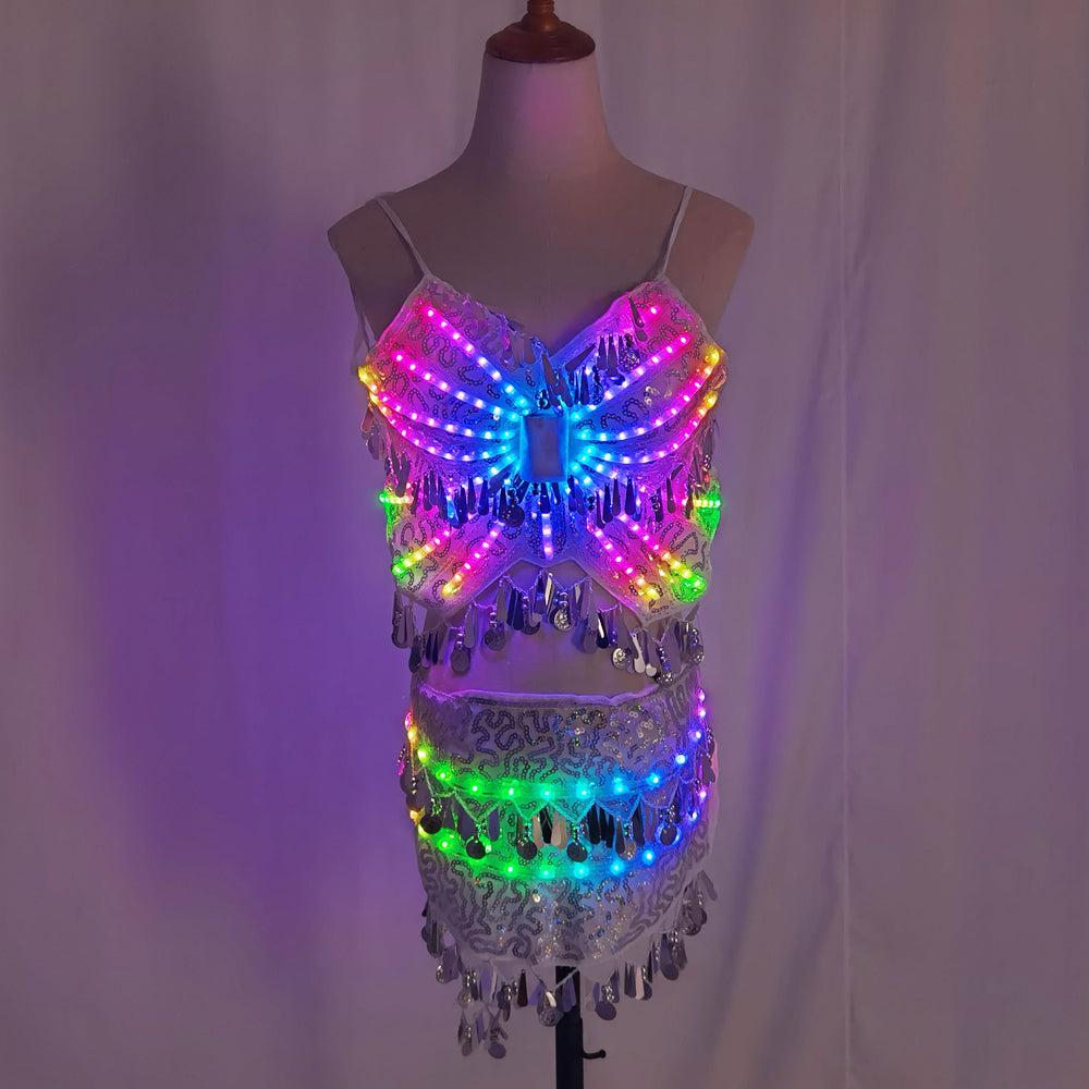 أضواء LED بلينغ بلينغ حورية البحر ملابس رقص البطن مجموعة النساء الرقص الشرقي الصدرية التنانير الزي المهنية 