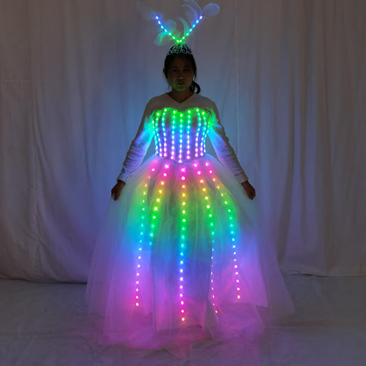 LED Luminous Wedding Dress - Full Color Pixel Skirt + Wings Bodysuit for Stage & Party - Temlaser.net