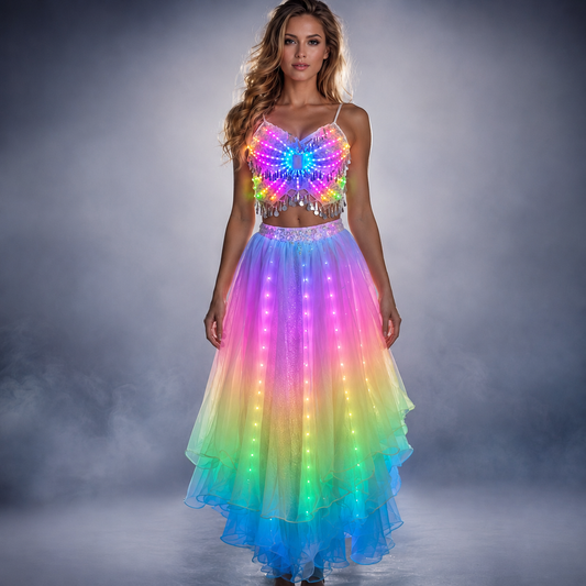 Luces LED de colores para mujer, falda dividida para danza del vientre, ropa de entrenamiento profesional Sexy para danza del vientre, trajes de baile 