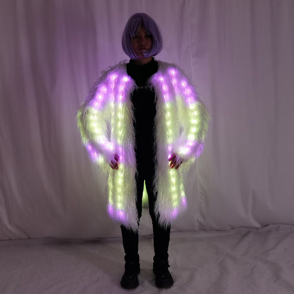 Women LED Luminous Fur Coat Remote Control Light Up Faux Fur Jacket for Party Festival - Temlaser.net