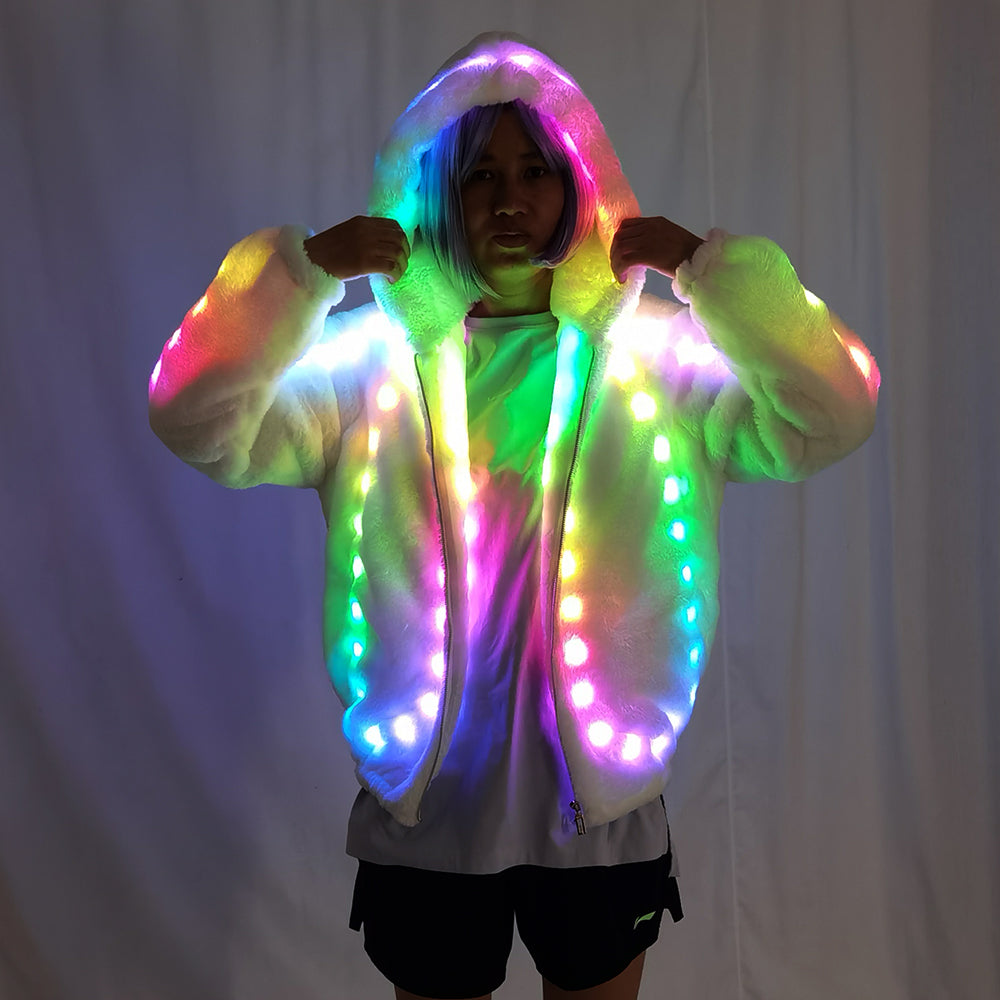 Mujeres Faux Fur Led Light Coat Disfraces de Navidad Cosplay Fluffy Fur 6xl Jacket Outwear Winter Warm Festival Party Overcoat