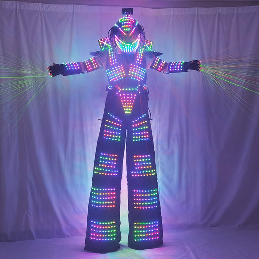 Disfraz de Robot con LED Traje con LED, ropa, chaqueta luminosa para caminar con zancos, guantes láser, casco iluminado de depredador 