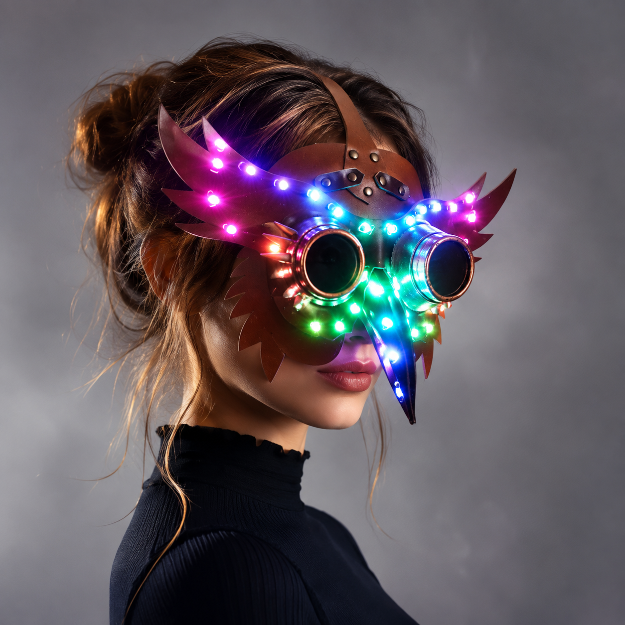Full Color LED Luminous PU Leather Steampunk Mask Women Men Punk Wings Rivets Halloween Cosplay Gothic Mask Props