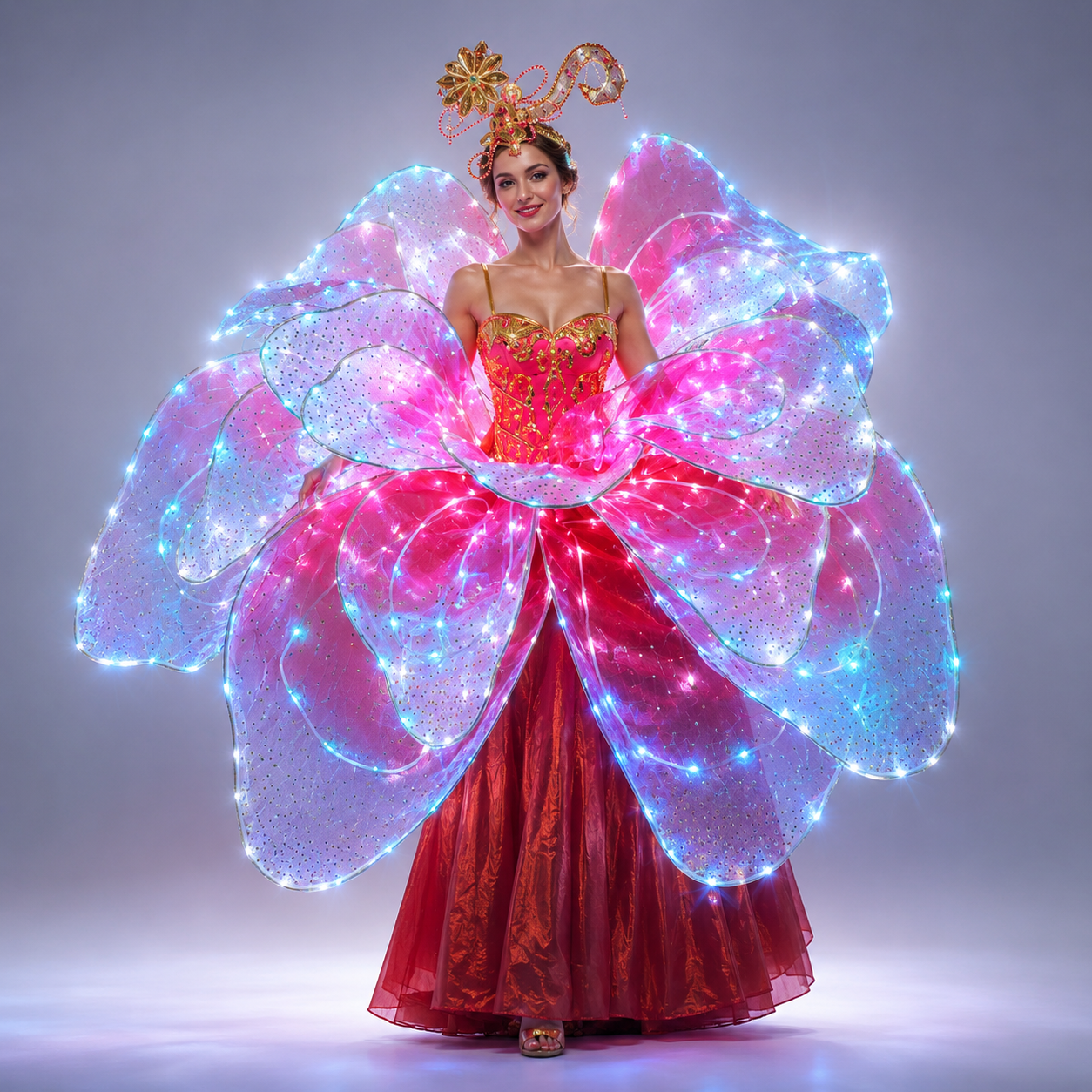 Full Color LED Petal Skirt Flower Opening Dance Big Swing Dress Modern Dance Performance Dress LED Robot Suit Blossom Long Dress