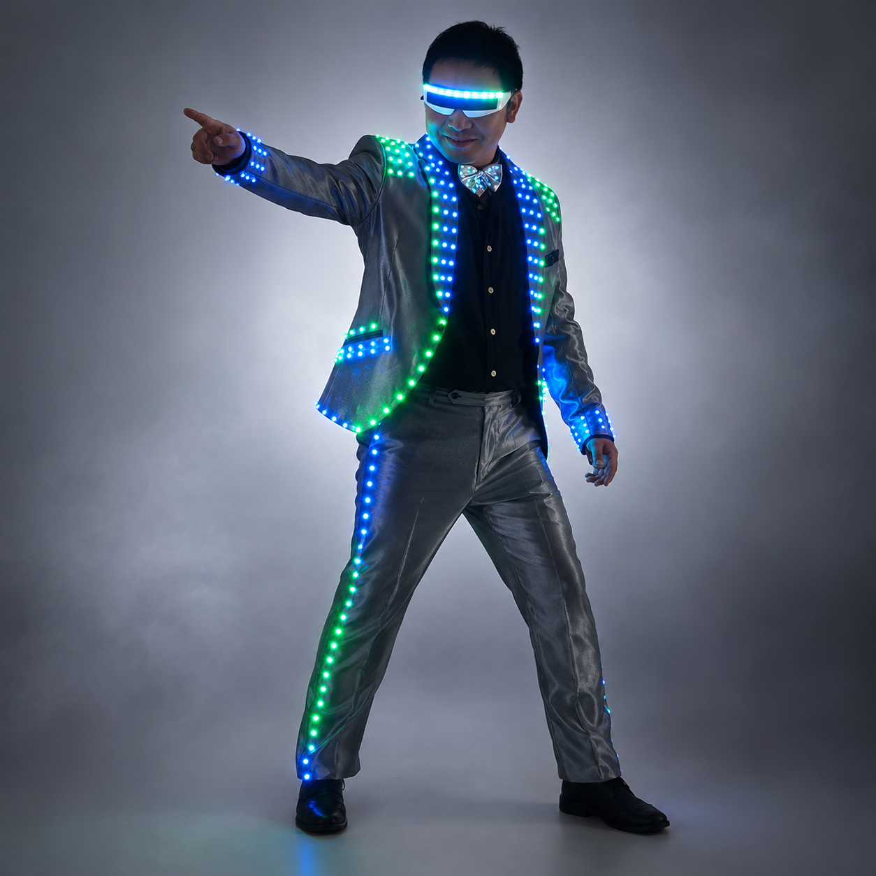 LED Tuxedo Costume with LED Glasses for Stage Dance and Ballroom Party Performance