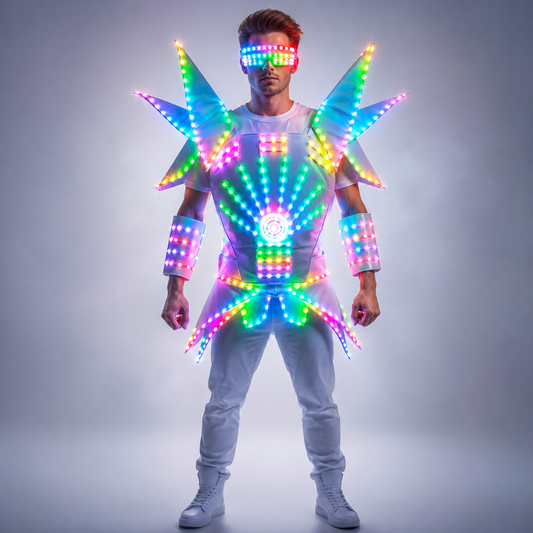 LED Dance Robot Costume Silver White Leather Robot Suit, Stage Performance Wear Full Color Change