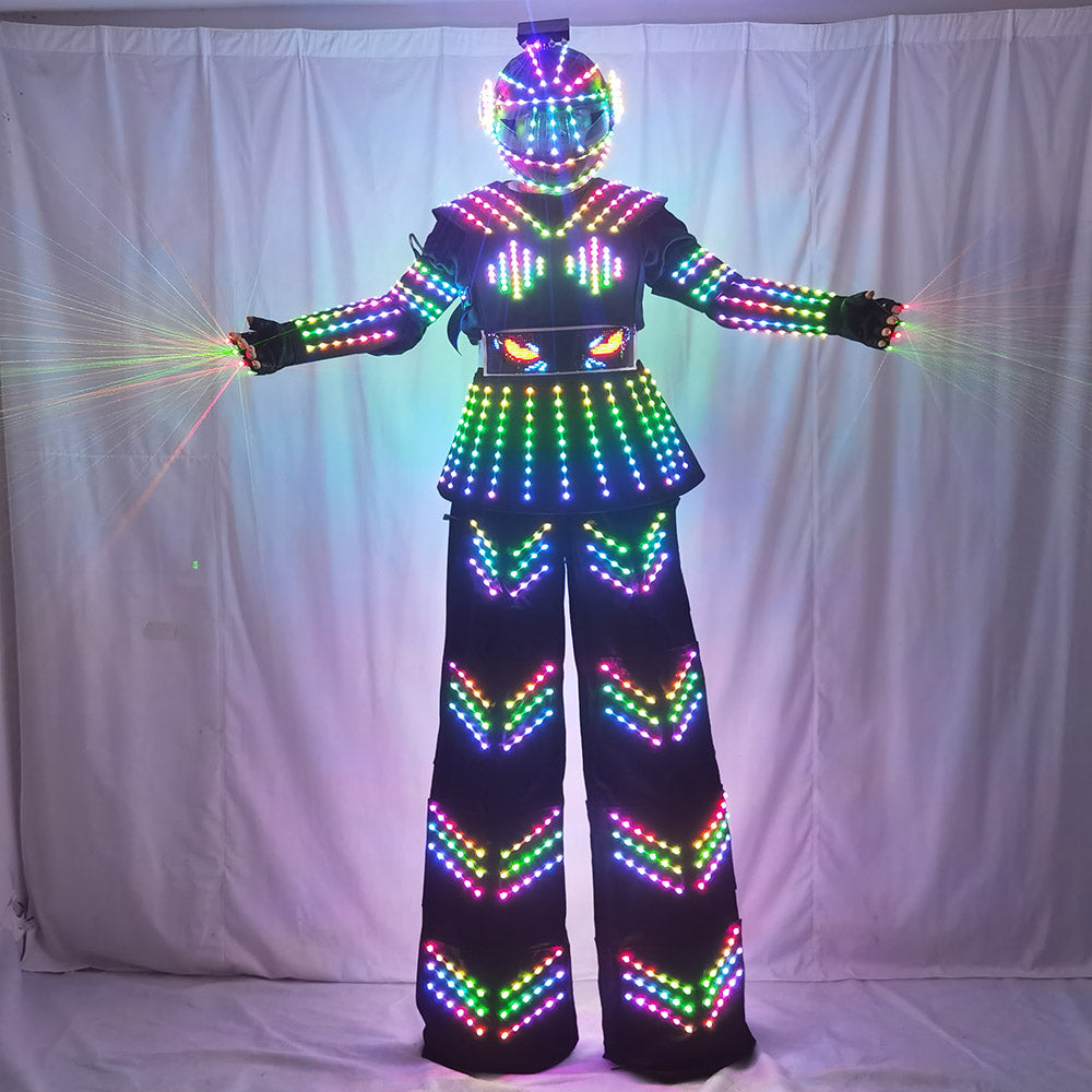 Female Kryoman David Guetta Style LED Stilt Robot Suit with Helmet - Illuminated Dance Wear for Stage Performances