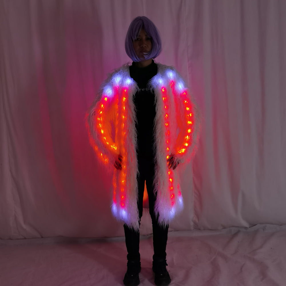 Women LED Luminous Fur Coat Remote Control Light Up Faux Fur Jacket for Party Festival - Temlaser.net