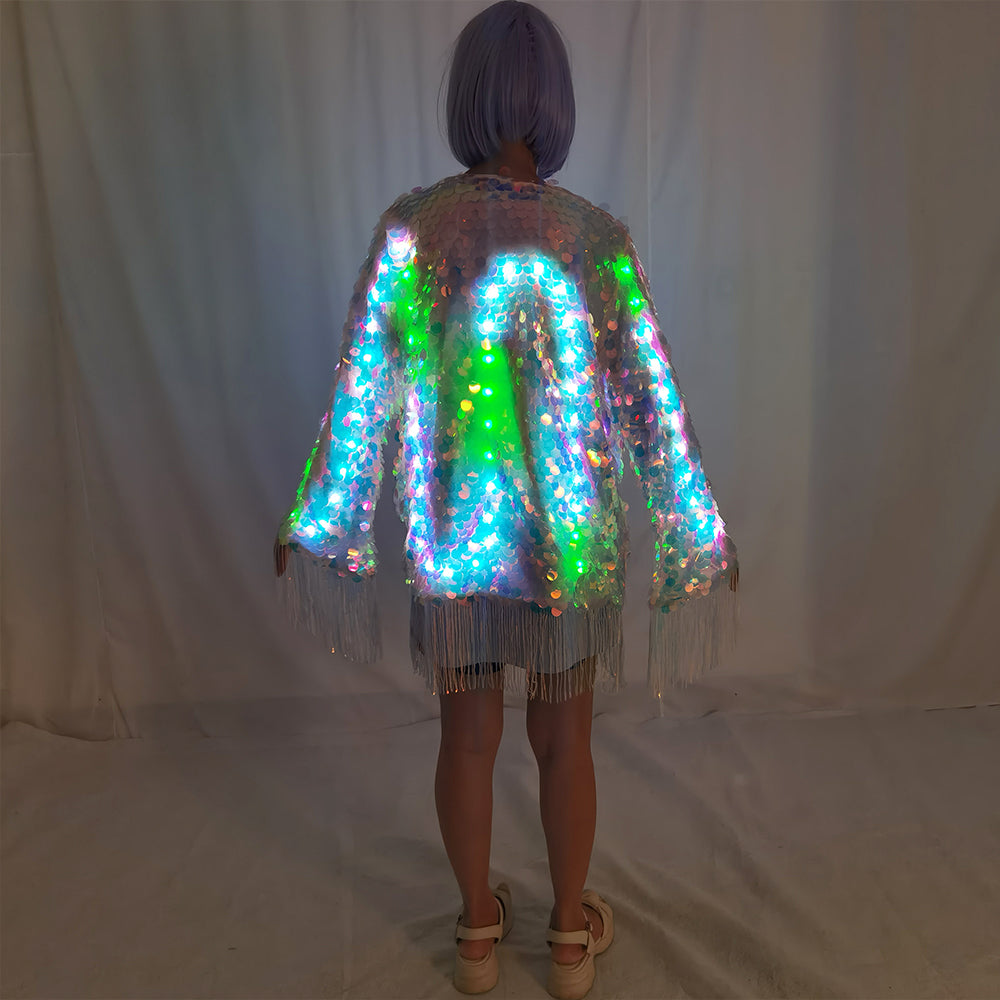 LED Full Color Sequin Tassel Belly Dance Costume Sparkly Performance Outfit - Temlaser.net