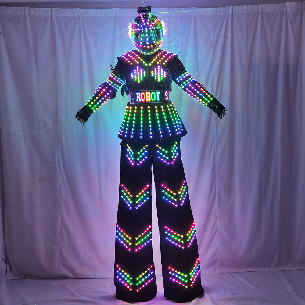 Female Kryoman David Guetta Style LED Stilt Robot Suit with Helmet - Illuminated Dance Wear for Stage Performances