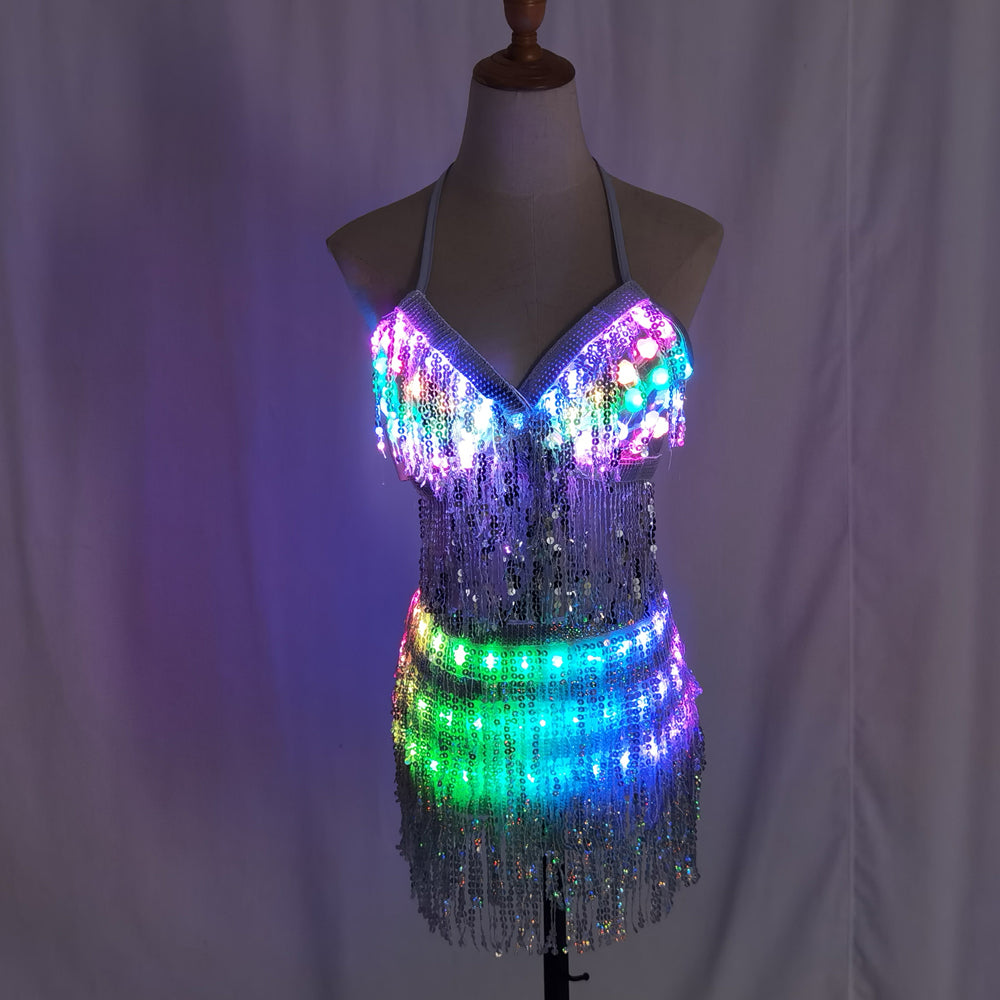 LED Glowing Bra & Shorts Set - Women Luminous Suit with Belt, Tassel & Reflective Accessories