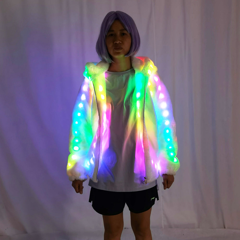 Mujeres Faux Fur Led Light Coat Disfraces de Navidad Cosplay Fluffy Fur 6xl Jacket Outwear Winter Warm Festival Party Overcoat