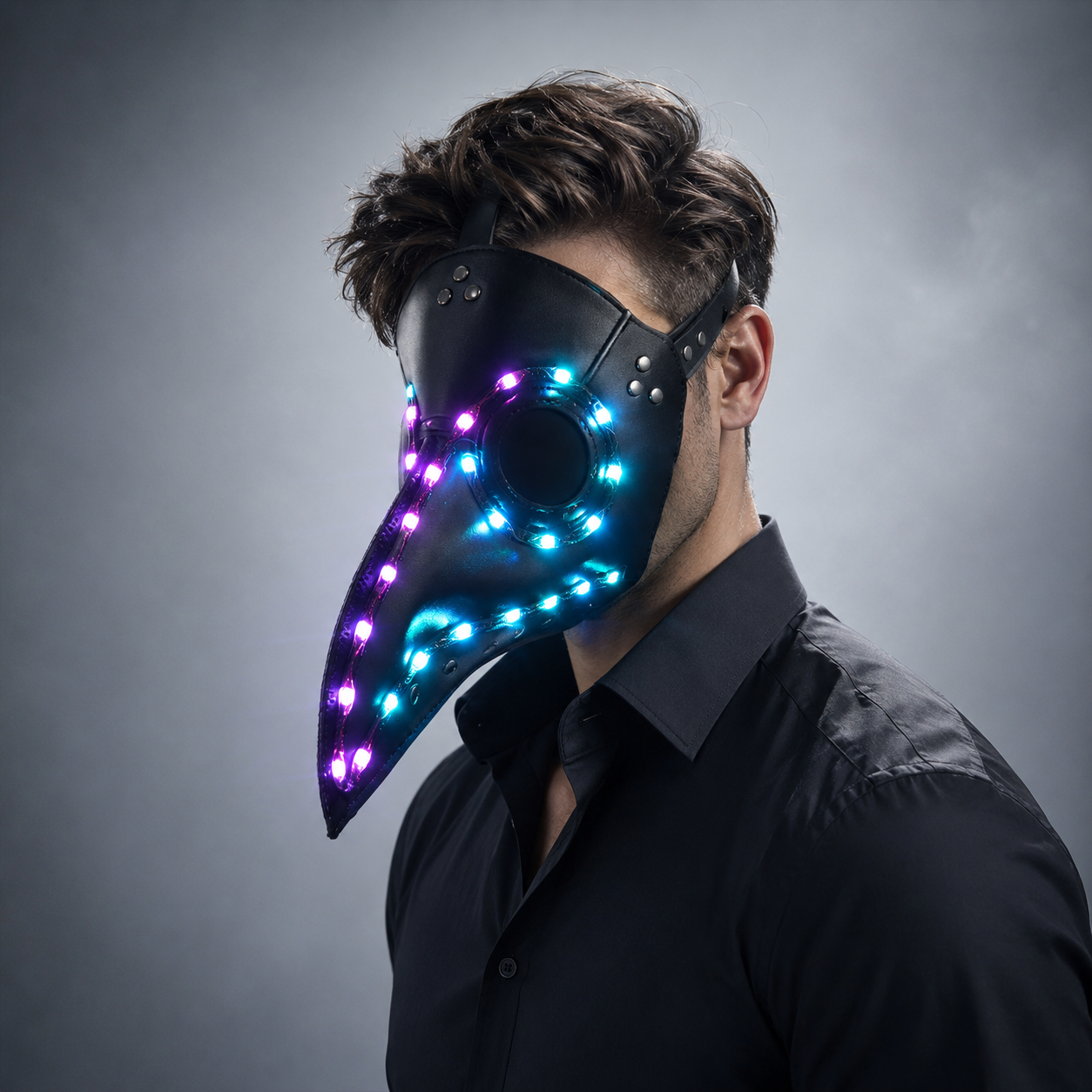 Halloween Gothic Black PU Beak LED Mask Steampunk Plague Doctor Retro Cool Bird Mouth Full Color Luminous Mask Masquerade Party
