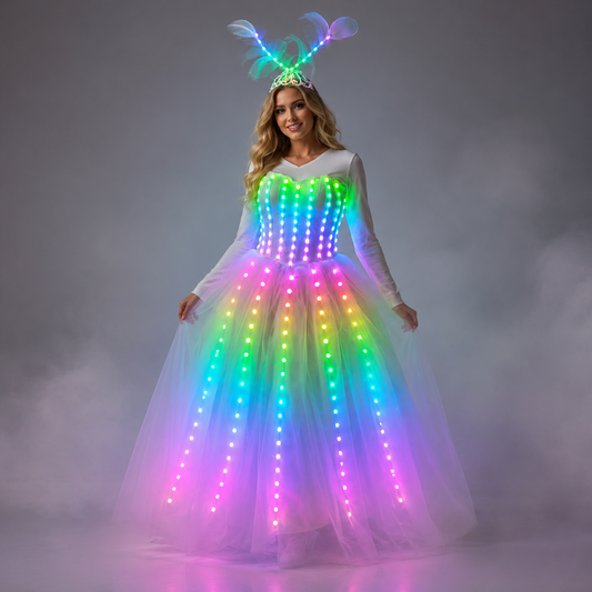LED Luminous Wedding Dress - Full Color Pixel Skirt + Wings Bodysuit for Stage & Party