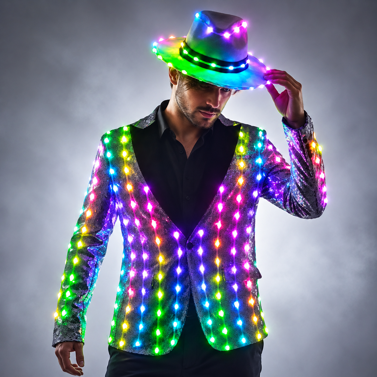Lentejuelas LED a todo color, iluminación de moda, vestido de presentador mayor, baile, padrino, banquete, chaqueta de traje delgada