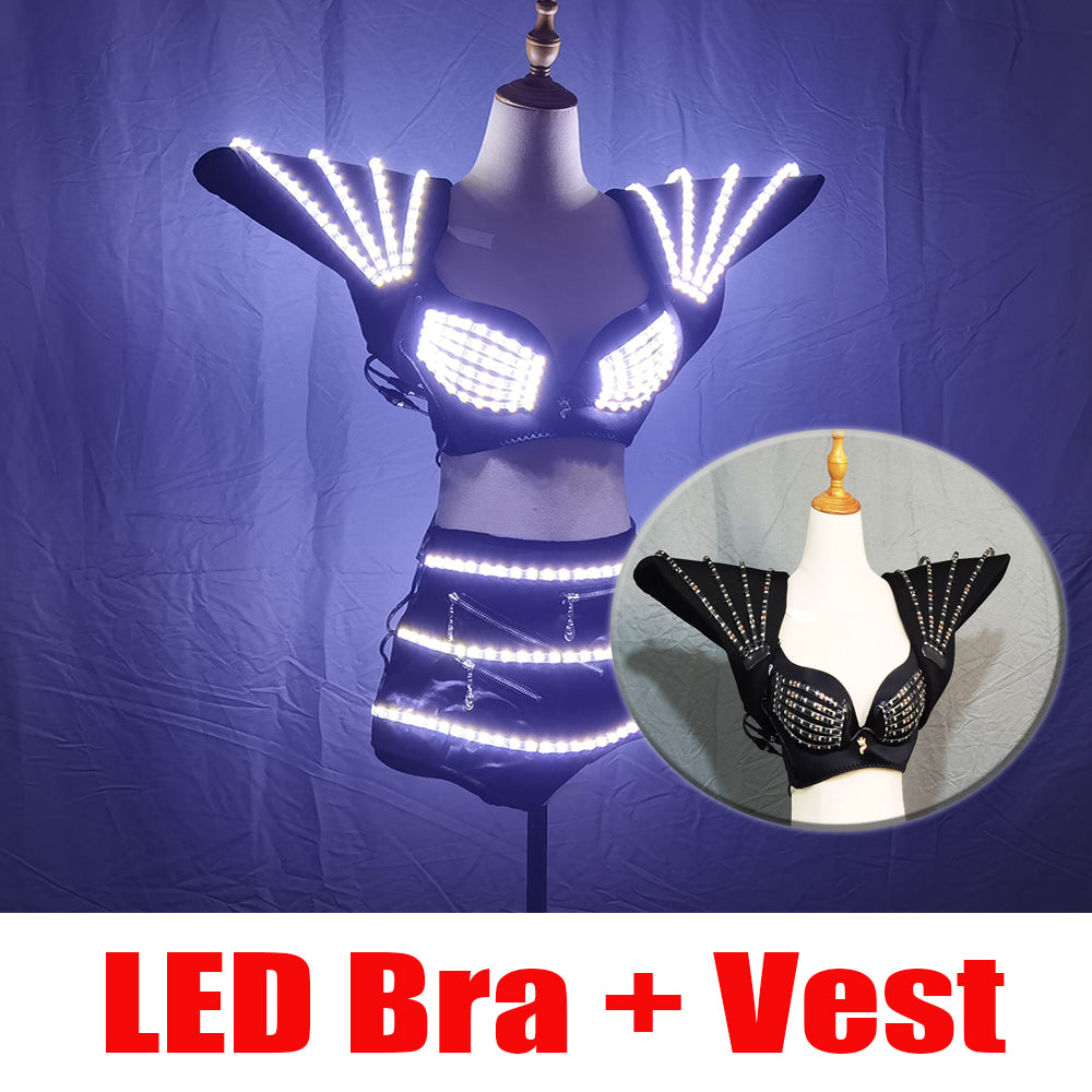 LED الملابس سيدة الملابس الساخنة أزياء متوهجة المرأة حمالة الصدر شورت أليس الكتف درع الدعاوى قاعة الرقص اللباس