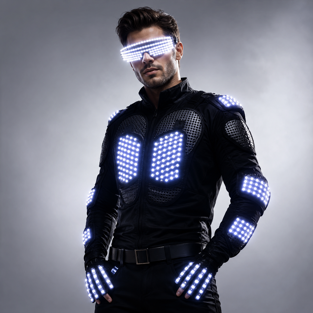 Fashion LED Light Up Jacket Costume with Armor, Gloves, and Glasses for LED Robot Suits