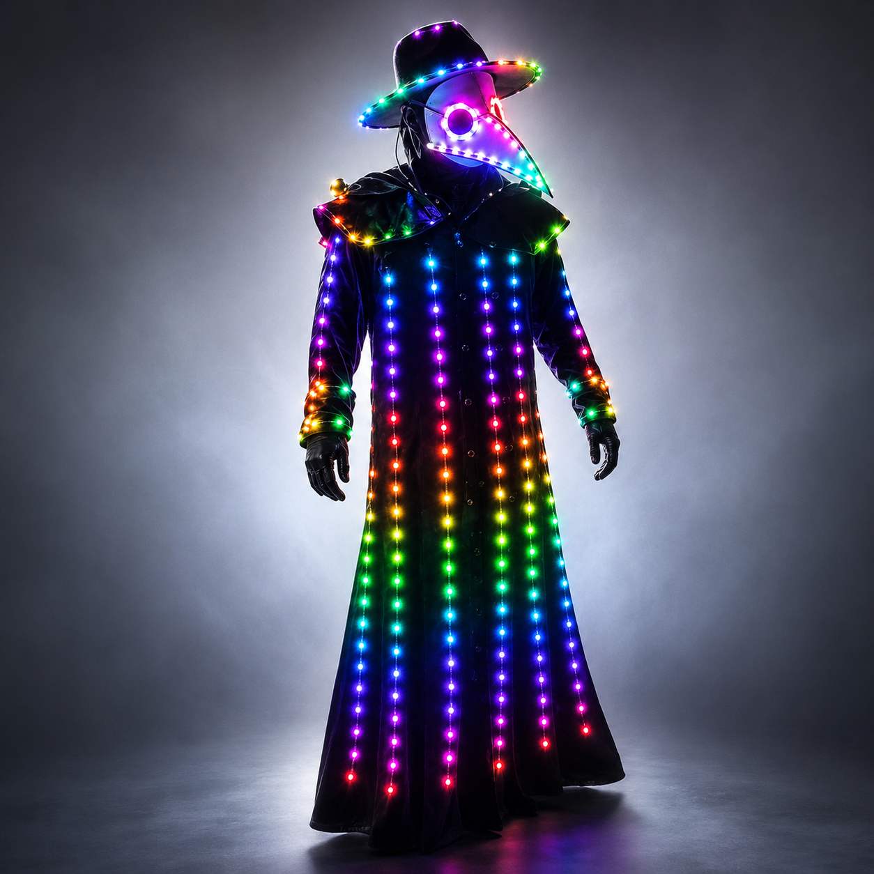 LED Light-up Plague Doctor Costume - Steampunk Crow Style with Glowing Mask