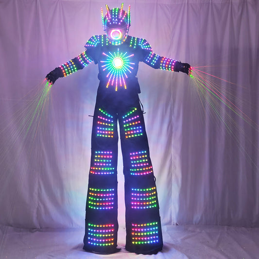 Traje de Robot LED Pixel, zancos iluminados, disfraz de caminante, David Guetta, ropa luminosa de Color de baile, guantes láser, pistola de CO2, máquina de chorro 
