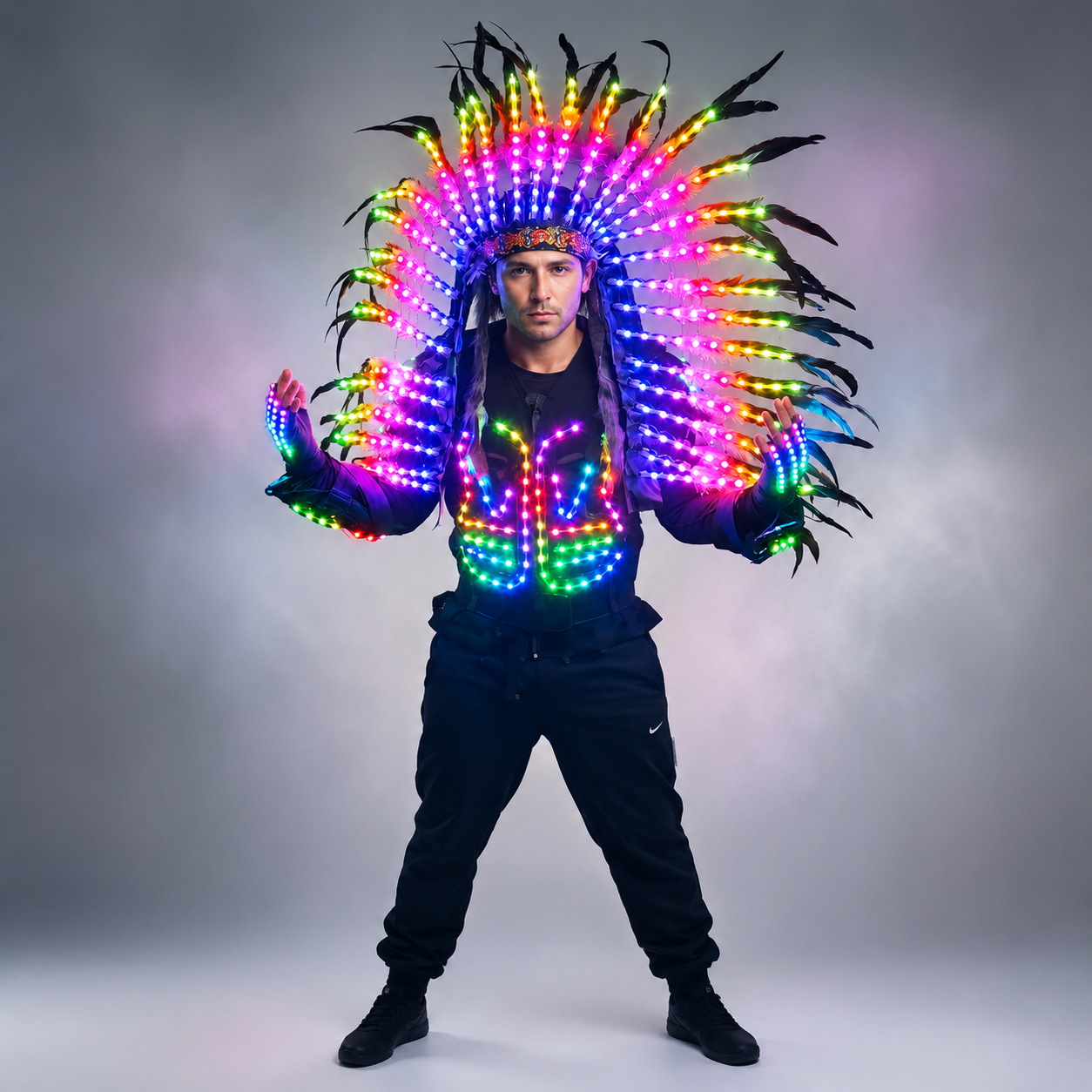 LED Light Up Armor Suit - Full Color Glowing Outfit with LED Indian Tribal Mask