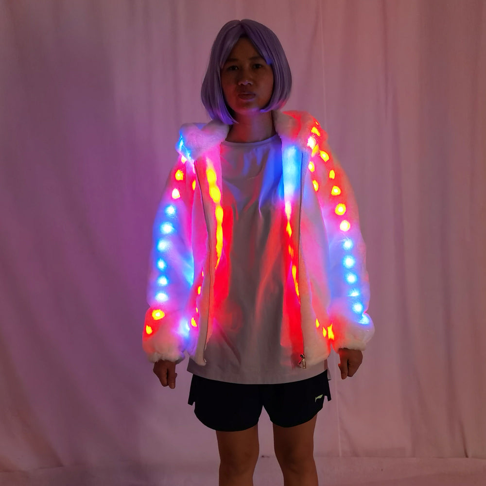 Mujeres Faux Fur Led Light Coat Disfraces de Navidad Cosplay Fluffy Fur 6xl Jacket Outwear Winter Warm Festival Party Overcoat