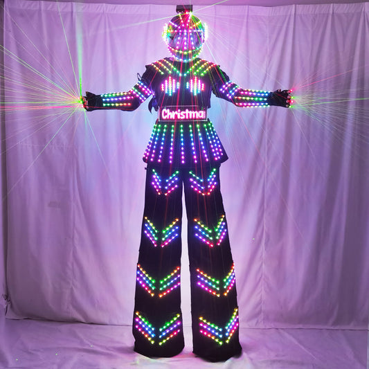 Female Kryoman David Guetta Style LED Stilt Robot Suit with Helmet - Illuminated Dance Wear for Stage Performances