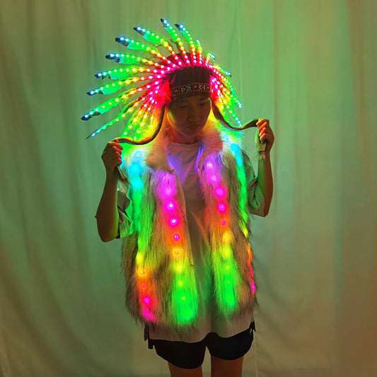 Full Color LED Light Up Faux Fur Vest Jacket with Indian Headdress & Hula Skirt - Temlaser.net