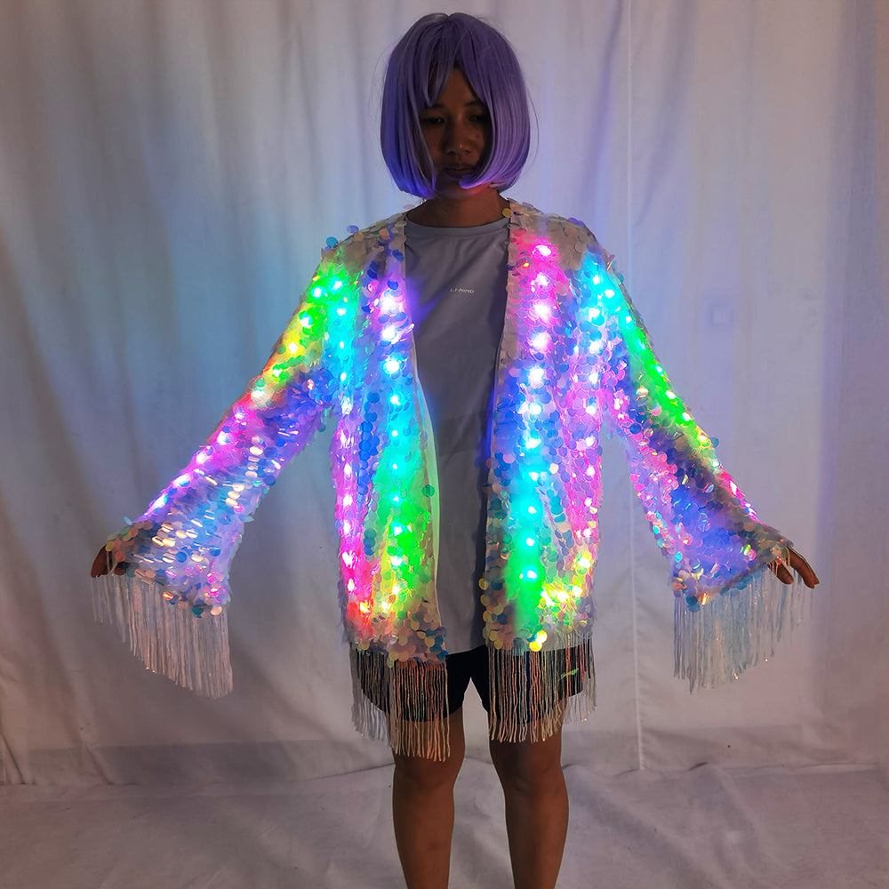 LED Full Color Sequin Tassel Belly Dance Costume Sparkly Performance Outfit - Temlaser.net