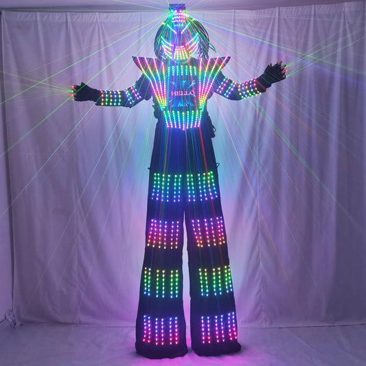 Disfraz de Robot con LED, ropa a todo Color, pantalla en el pecho, cuero blanco y plateado, traje luminoso para caminar, chaqueta, guante láser, casco 