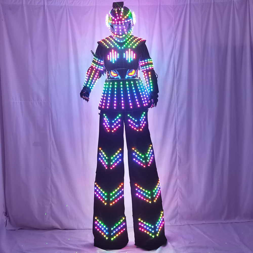 Female Kryoman David Guetta Style LED Stilt Robot Suit with Helmet - Illuminated Dance Wear for Stage Performances
