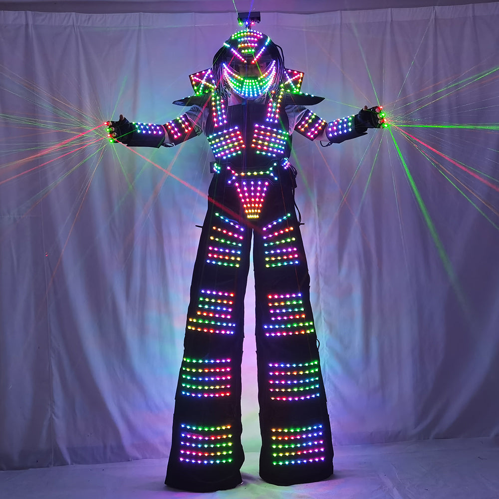 LED Robot Costume Traje LED Suit Dress Clothes Stilt Walking Luminous Jacket With Laser Gloves Predator Lighted Helmet