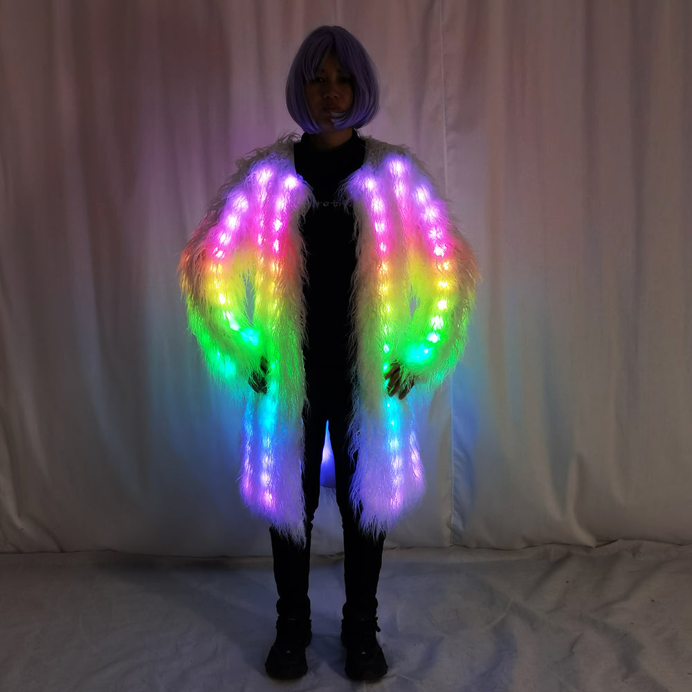 Women LED Luminous Fur Coat Remote Control Light Up Faux Fur Jacket for Party Festival - Temlaser.net