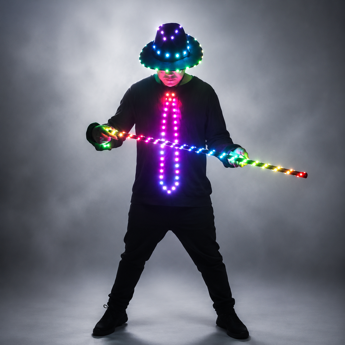 LED Light Up Belly Dance Costume with Flashing White Canes for Men Women Stage Party